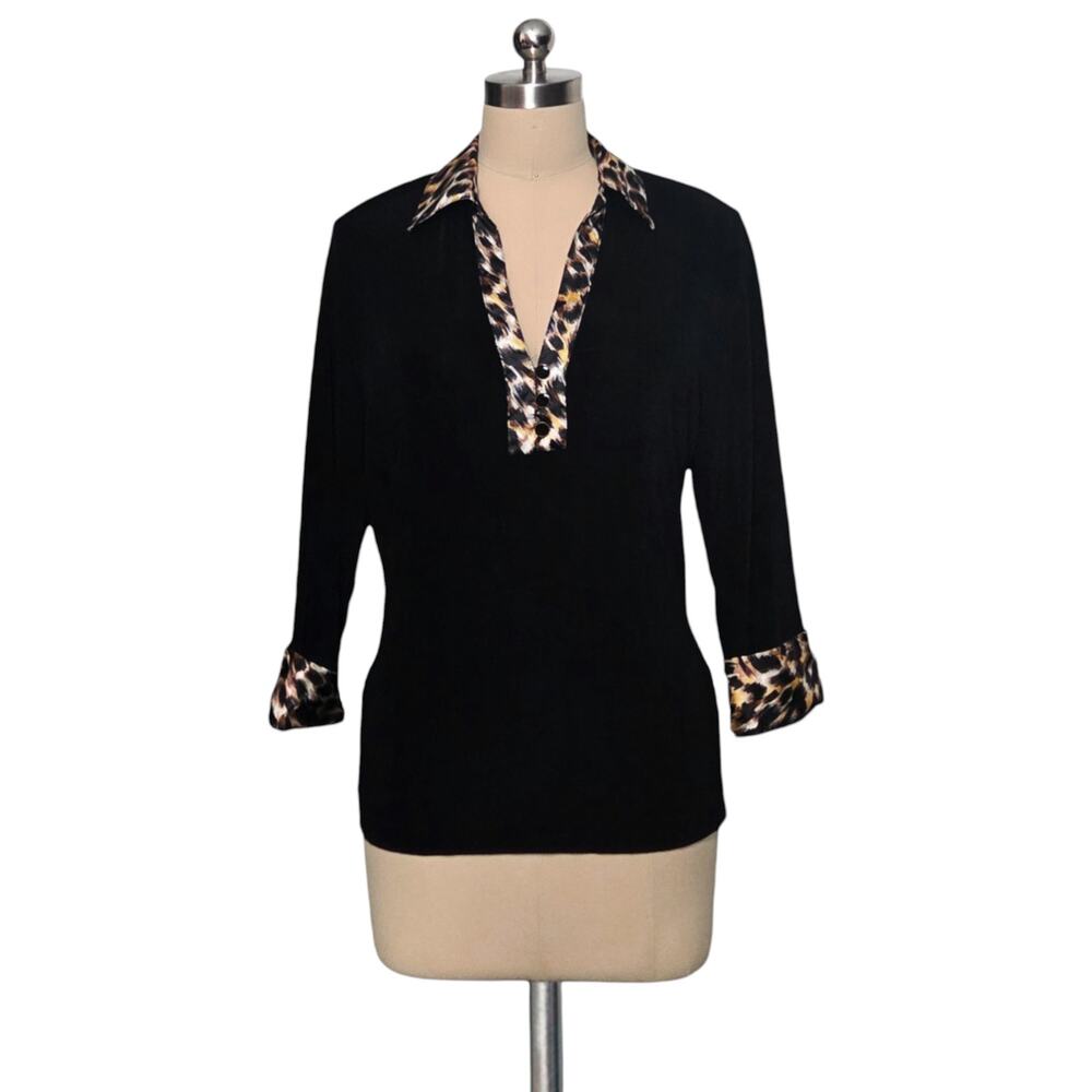 CHICO'S Travelers Black Slinky Top Shirt Blouse Leopard Satin Collar Cuffs 2